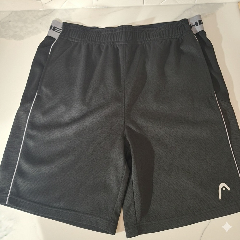 HEAD large Athletic Shorts‎ Black Mesh Logo Waistband Zipper Pocket L G